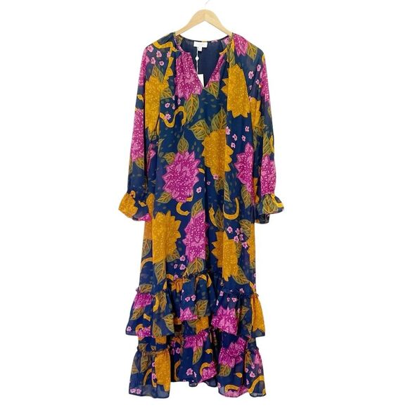 NWT Mud Pie Colleen Maxi Dress Navy Floral Ruffled Flowy Long Sleeve Size Medium - Picture 2 of 12